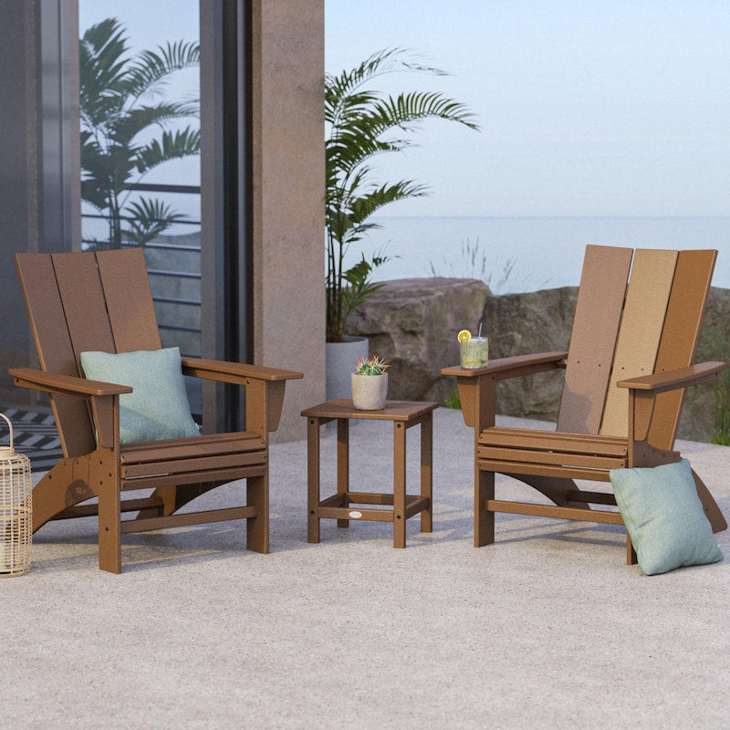 POLYWOOD Modern 3 Piece Curveback Adirondack Set W Long Island 18 Inch Side Table