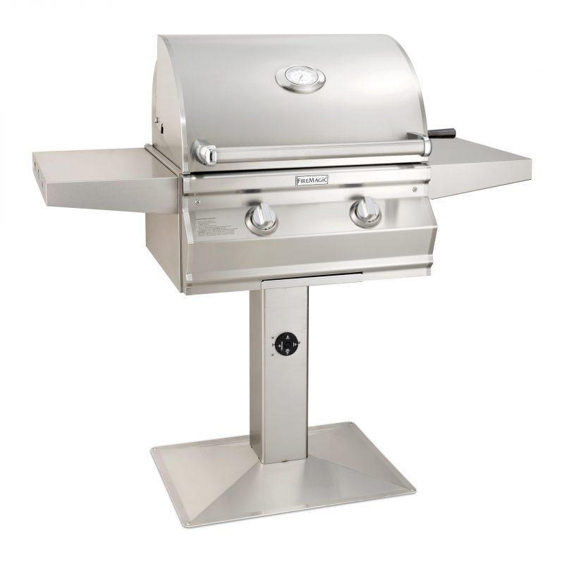 Fire Magic Choice Multi-User Accessible CMA430S 24-Inch Gas Grill With Analog Thermometer On Patio Post