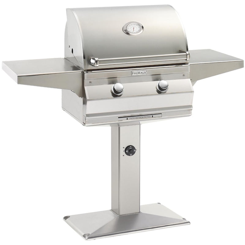 Fire Magic Choice C430S 24-Inch Gas Grill With Analog Thermometer On Patio Post