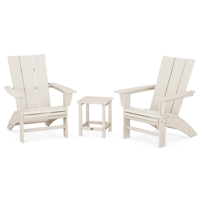 POLYWOOD Modern 3 Piece Curveback Adirondack Set W Long Island 18 Inch Side Table