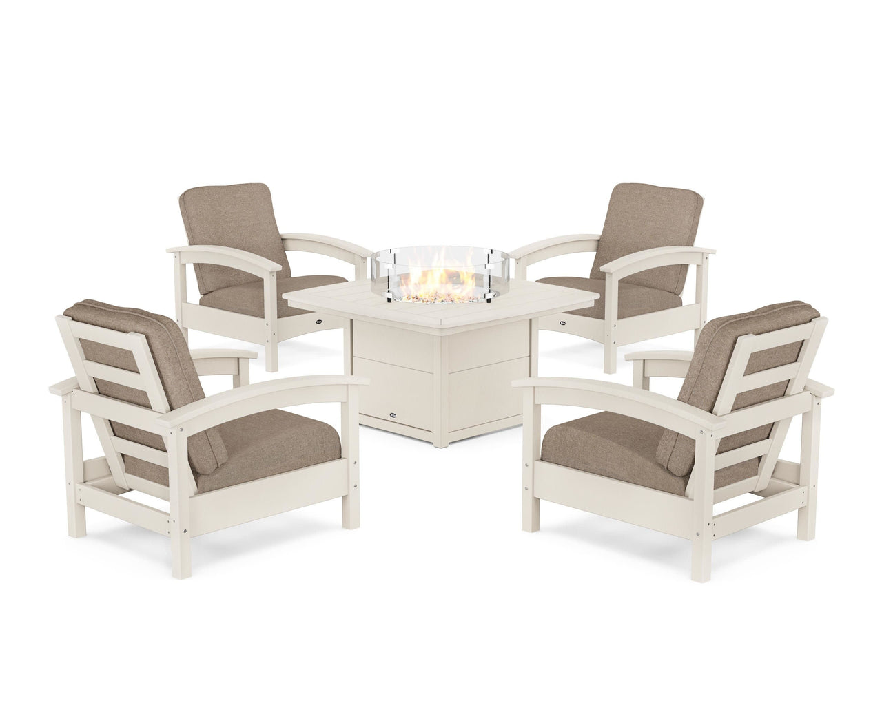 Trex Rockport 5-Piece Deep Seating Set with Yacht Club Fire Pit Table - Sand Castle