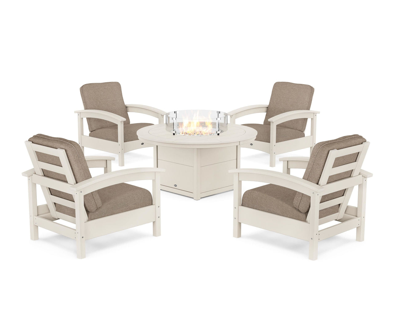 Trex Rockport 5-Piece Deep Seating Set with Round Fire Pit Table - Sand Castle