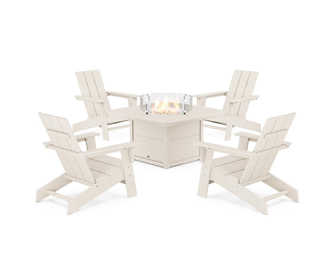 Trex Eastport Modern Adirondack 5-Piece Set with Yacht Club Fire Pit Table - Sand Castle