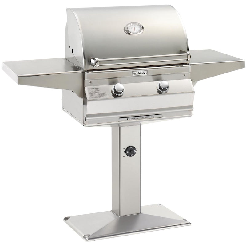 Fire Magic Choice Multi-User CM430S 24-Inch Gas Grill With Analog Thermometer On Patio Post