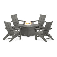 Thumbnail for POLYWOOD Modern 5-Piece Curveback Adirondack Conversation Set w/ Fire Pit Table - Black