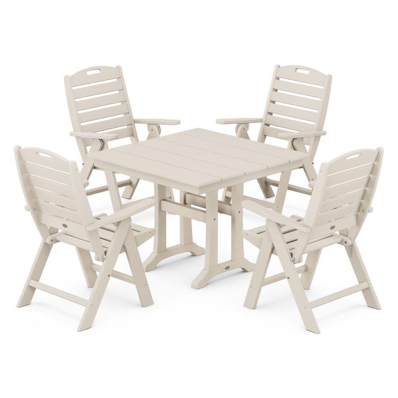 Nautical Folding Highback Chair 5-Piece Farmhouse Trestle Dining Set - Thumbnail 2