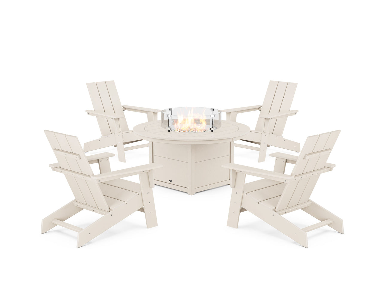Trex Eastport Modern Adirondack 5-Piece Set with Round Fire Pit Table - Sand Castle