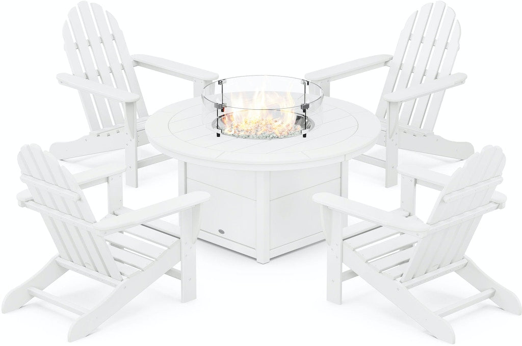 POLYWOOD Classic Adirondack 5-Piece Conversation Set W/ Fire Pit Table - White