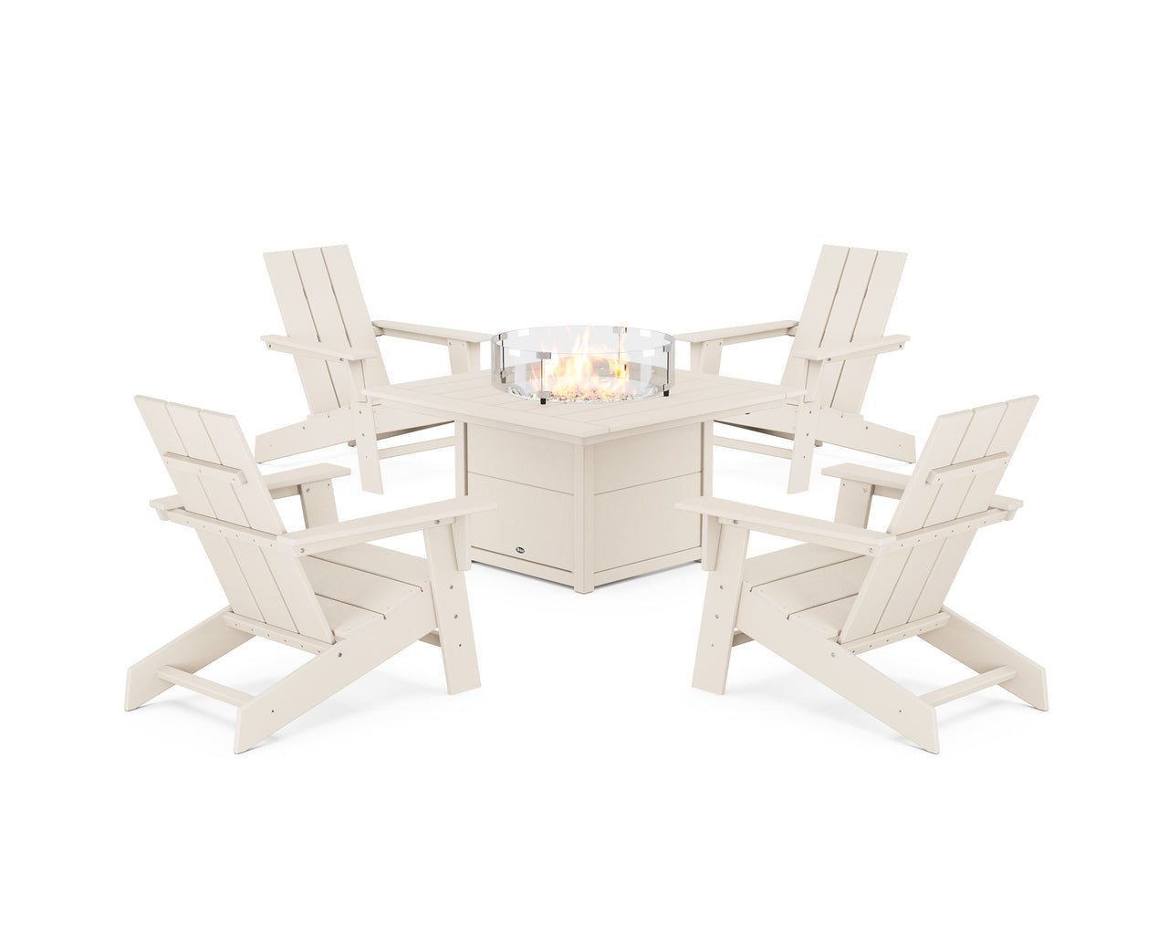 Trex Eastport Modern Adirondack 5-Piece Set with Square Fire Pit Table - Sand Castle