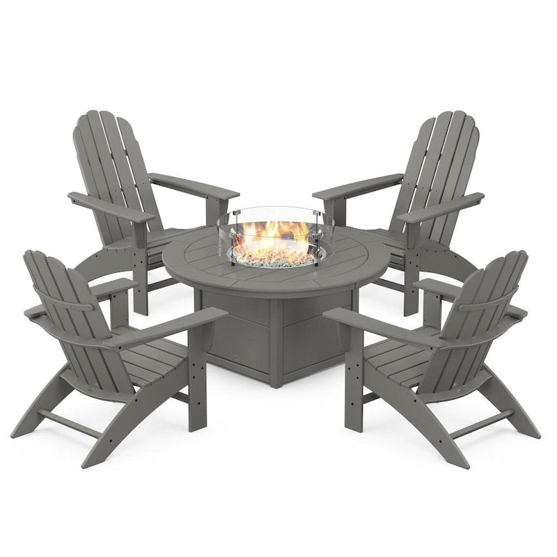 POLYWOOD Vineyard 5-Piece Curveback Adirondack Conversation Set w/ Fire Pit Table - Slate Grey
