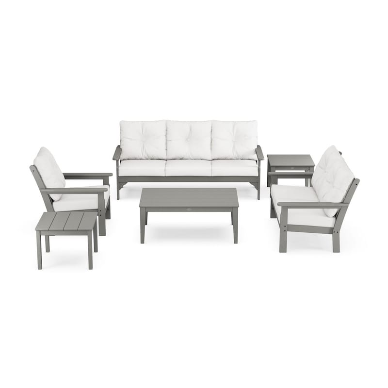 POLYWOOD Vineyard 6-Piece Deep Seating Set w/ Club Chair - Slate Grey / Natural Linen