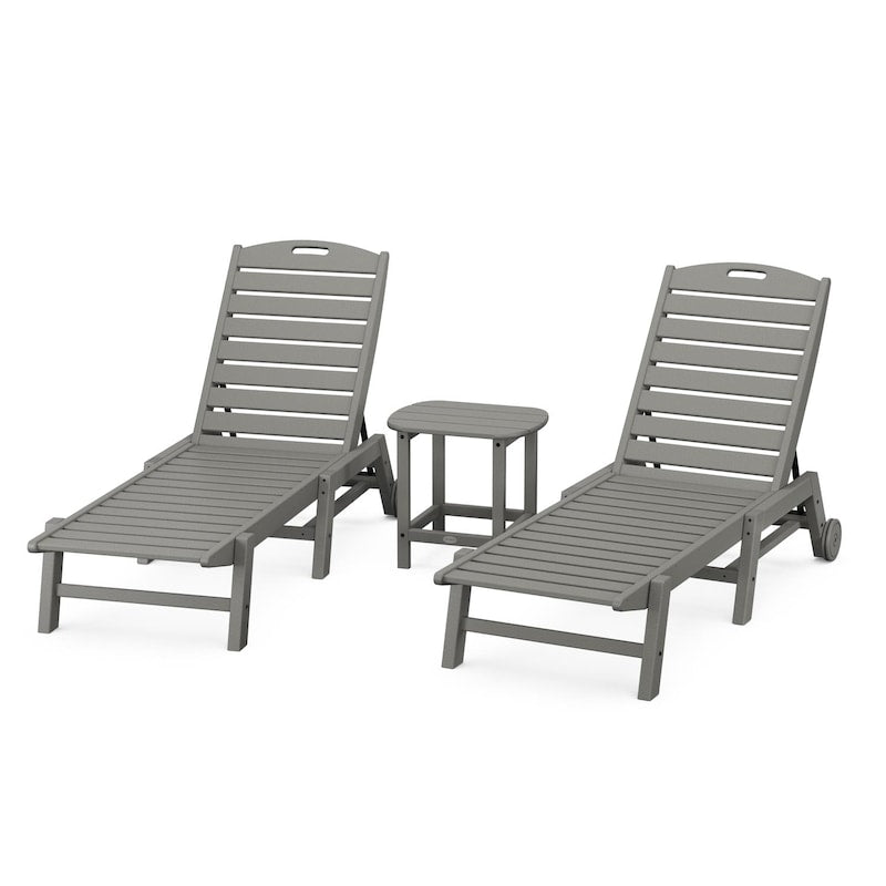 POLYWOOD Nautical 3-Piece Chaise Lounge W/Wheels Set W/South Beach 18 Inch Side Table - Slate Grey