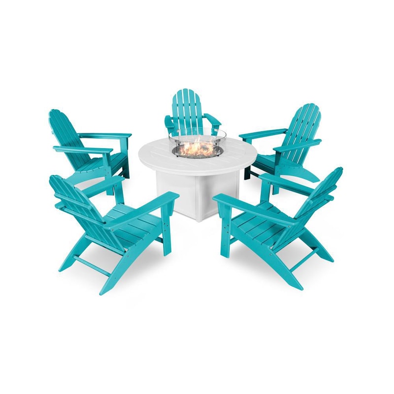 POLYWOOD Vineyard 6-Piece Adirondack Chat Set w/ Fire Pit Table - Aruba / White