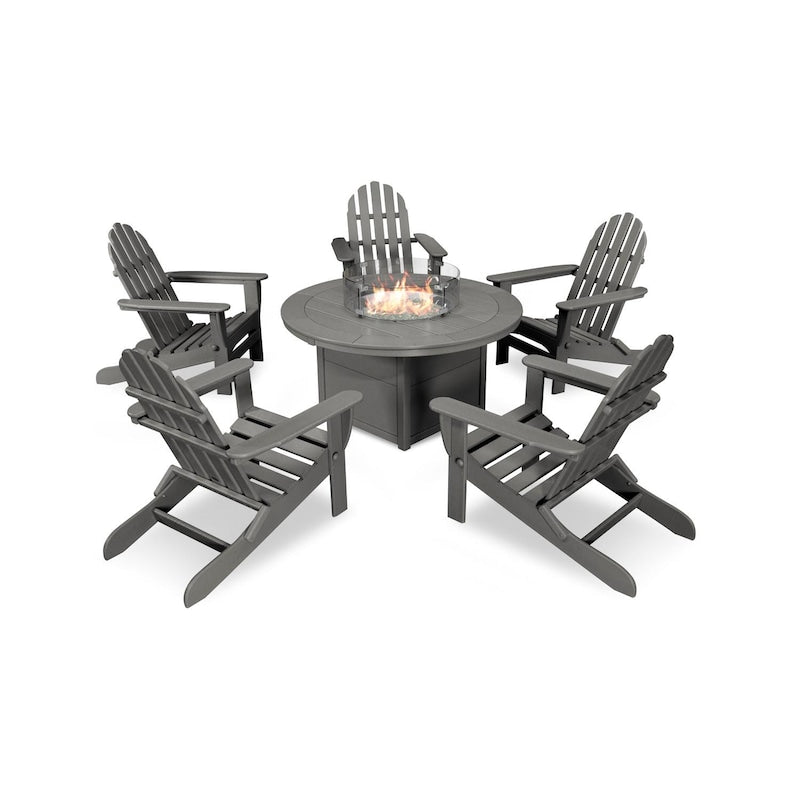 POLYWOOD Classic Folding Adirondack 6-Piece Conversation Set W/ Fire Pit Table - Slate Grey