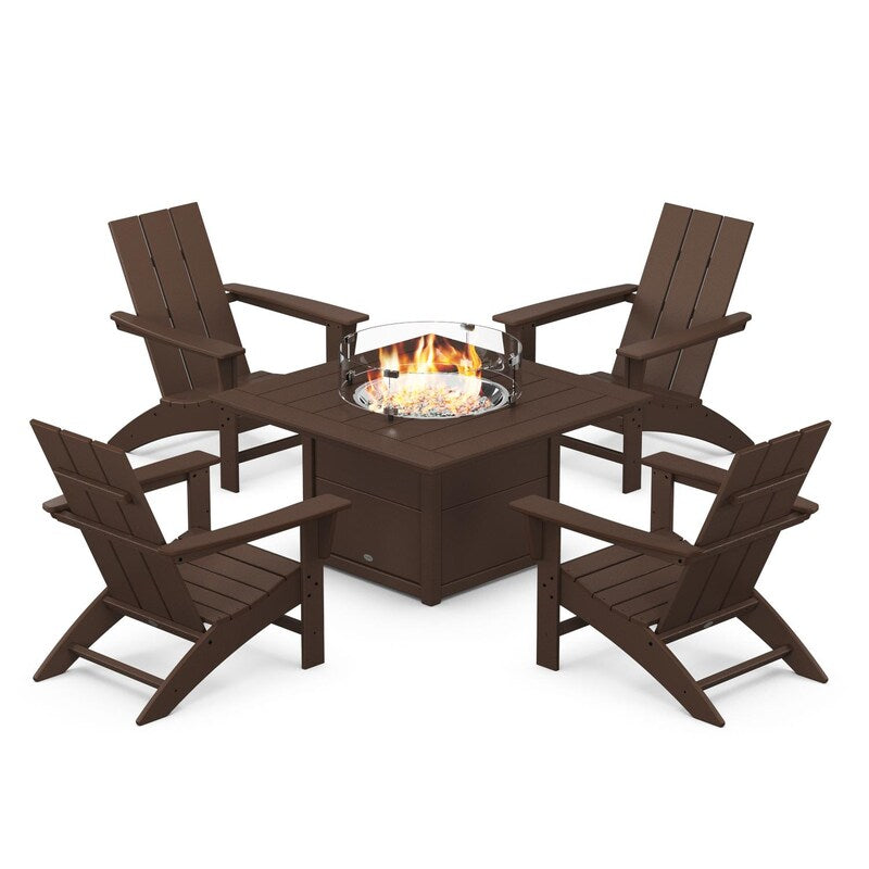 POLYWOOD Modern 5-Piece Adirondack Chair Conversation Set w/ Fire Pit Table - Mahogany
