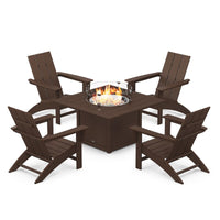Thumbnail for POLYWOOD Modern 5-Piece Adirondack Chair Conversation Set w/ Fire Pit Table - Mahogany