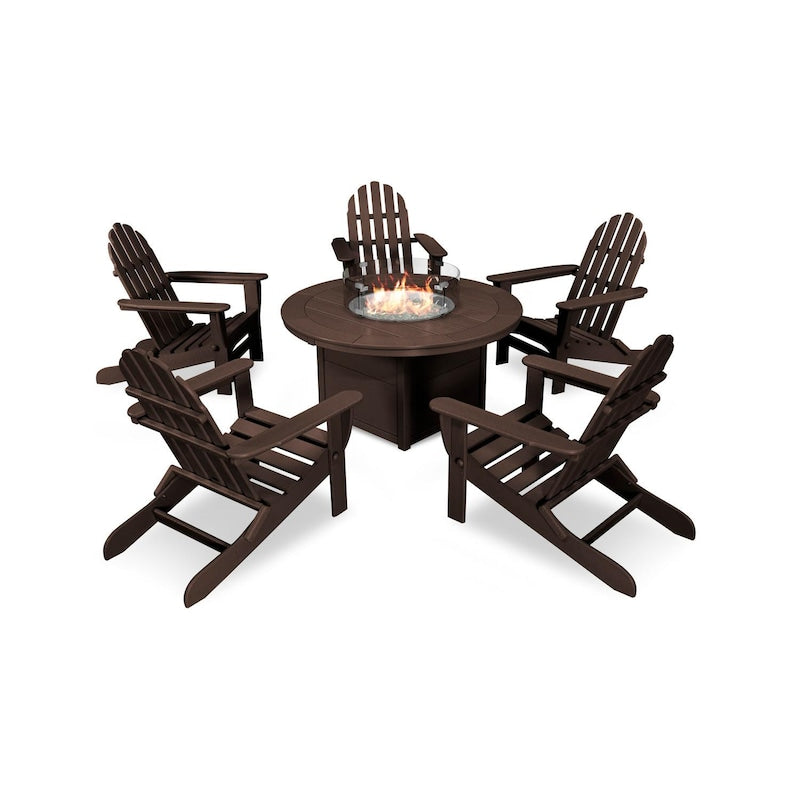 POLYWOOD Classic Folding Adirondack 6-Piece Conversation Set W/ Fire Pit Table - Mahogany