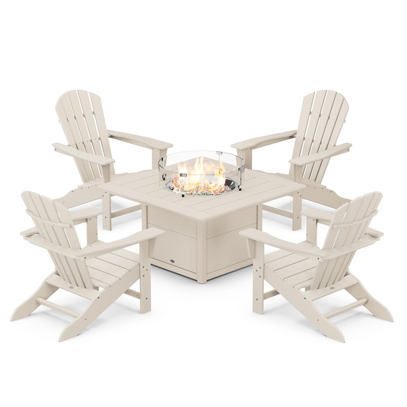 POLYWOOD Palm Coast 5-Piece Adirondack Chair Conversation Set w/ Fire Pit Table - Sand