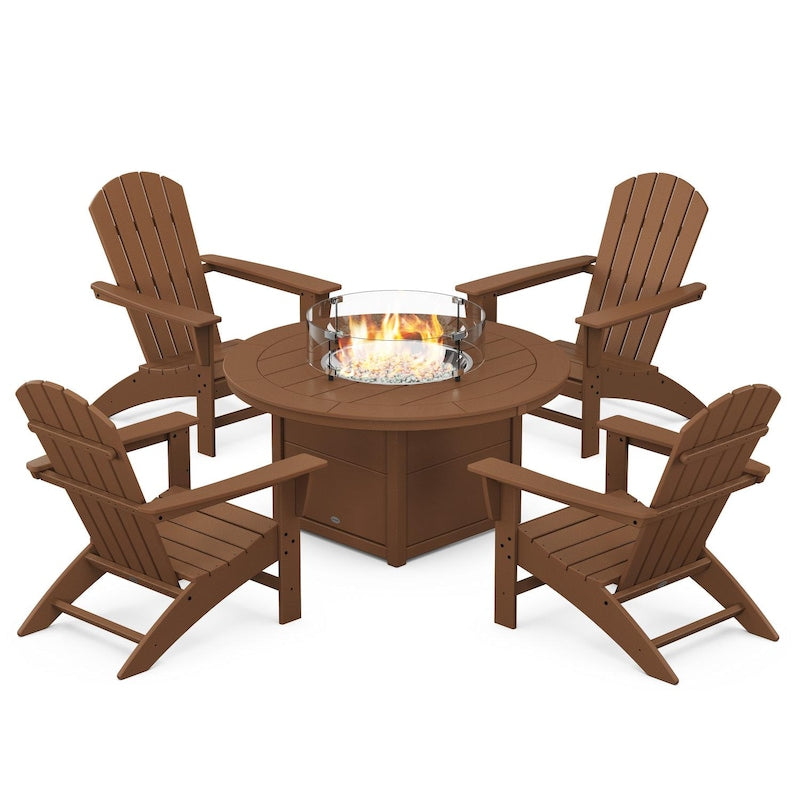 POLYWOOD Nautical 5-Piece Adirondack Chair Conversation Set w/ Fire Pit Table - Teak