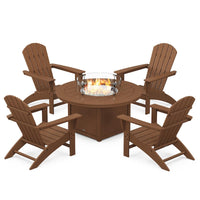 Thumbnail for POLYWOOD Nautical 5-Piece Adirondack Chair Conversation Set w/ Fire Pit Table - Teak