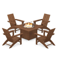 Thumbnail for POLYWOOD Modern 5-Piece Adirondack Chair Conversation Set w/ Fire Pit Table - Teak