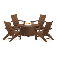 Thumbnail for POLYWOOD Modern 5-Piece Curveback Adirondack Conversation Set w/ Fire Pit Table - Teak