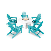 Thumbnail for POLYWOOD Classic Folding Adirondack 6-Piece Conversation Set W/ Fire Pit Table - Aruba / White