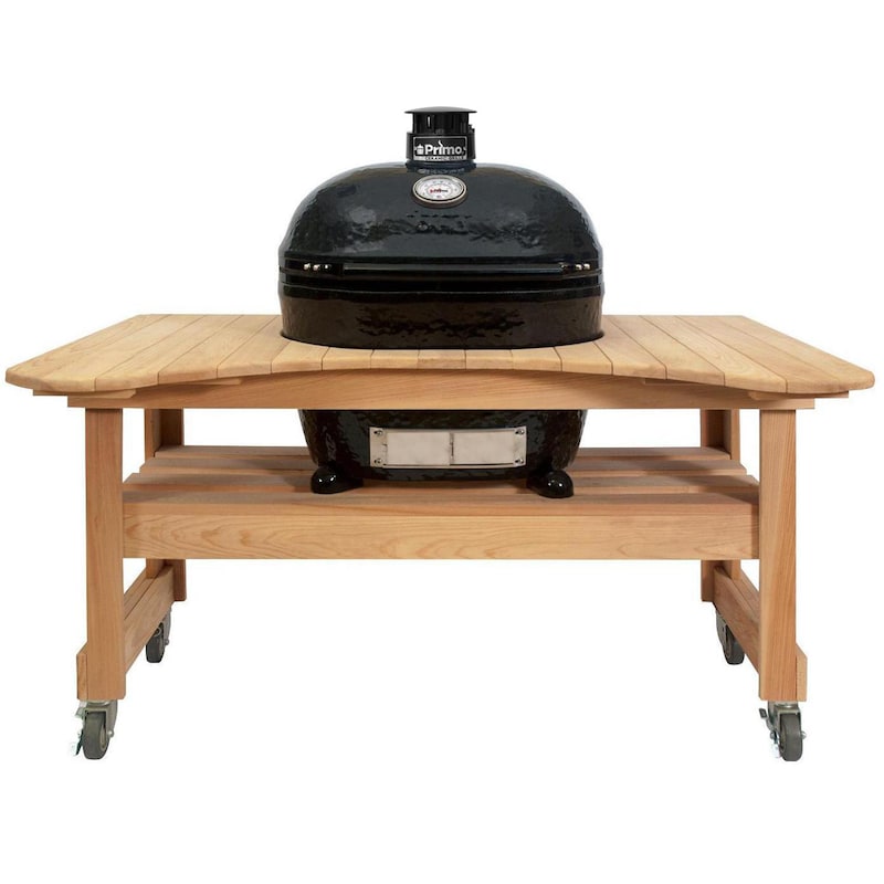 Primo Oval XL 400 Ceramic Kamado Grill On Curved Cypress Table With Stainless Steel Grates - PGCXLH (2021)