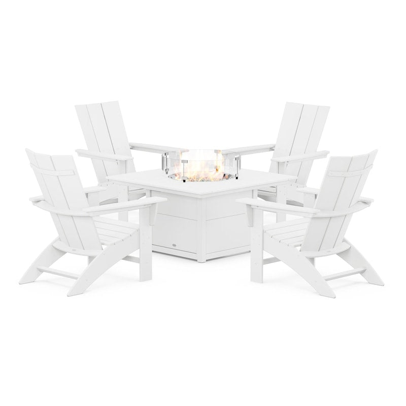 POLYWOOD Modern 5-Piece Curveback Adirondack Conversation Set w/ Fire Pit Table - White