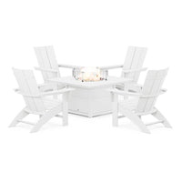 Thumbnail for POLYWOOD Modern 5-Piece Curveback Adirondack Conversation Set w/ Fire Pit Table - White