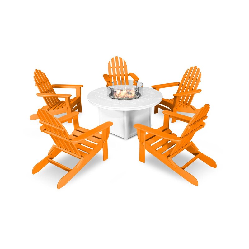 POLYWOOD Classic Folding Adirondack 6-Piece Conversation Set W/ Fire Pit Table - Tangerine / White