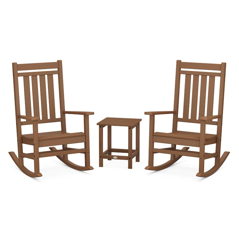 POLYWOOD Estate 3-Piece Rocking Chair Set w/ Long Island 18-Inch Side Table - Teak