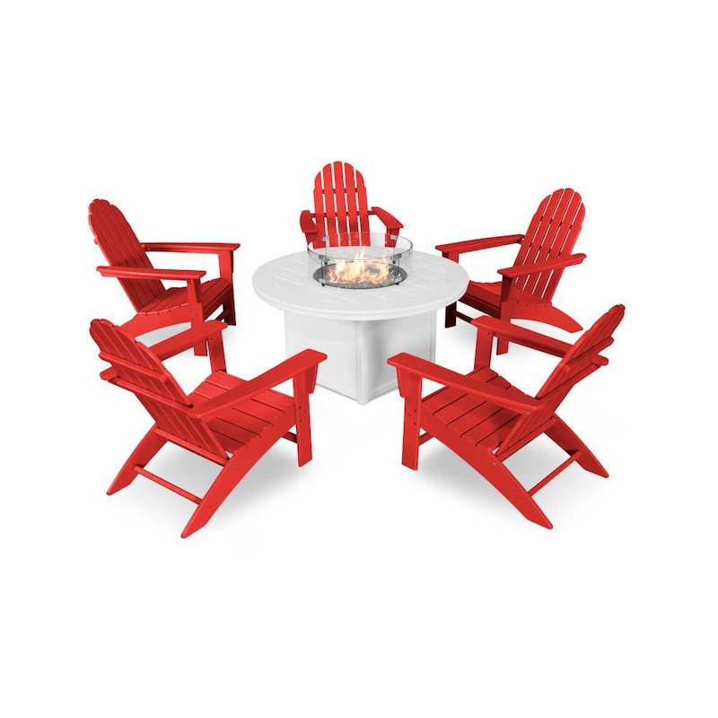 POLYWOOD Vineyard 6-Piece Adirondack Chat Set w/ Fire Pit Table - Sunset Red / White