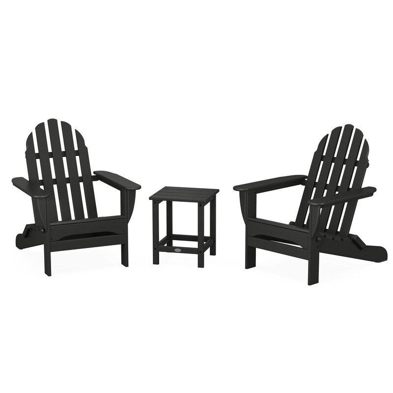 POLYWOOD Classic Folding Adirondack 3-Piece Set W/ Long Island 18-Inch Side Table - Black