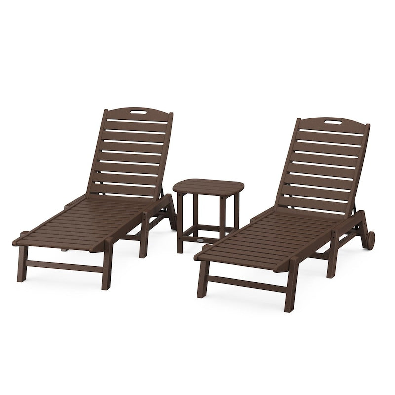 POLYWOOD Nautical 3-Piece Chaise Lounge W/Wheels Set W/South Beach 18 Inch Side Table - Mahogany