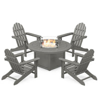 Thumbnail for POLYWOOD Classic Adirondack 5-Piece Conversation Set W/ Fire Pit Table - Slate Grey