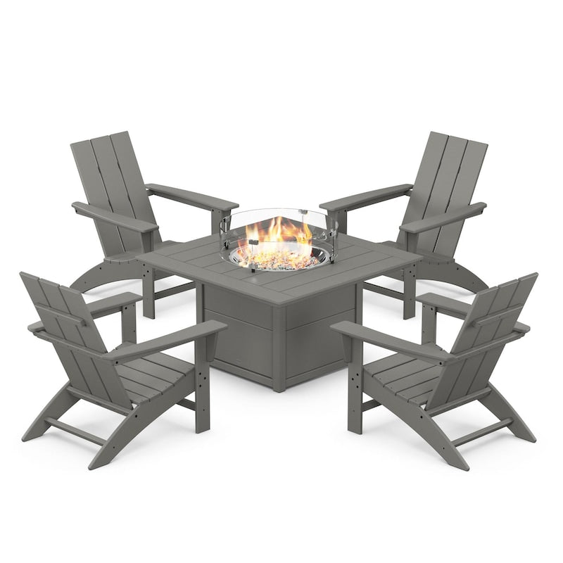 POLYWOOD Modern 5-Piece Adirondack Chair Conversation Set w/ Fire Pit Table - Slate Grey