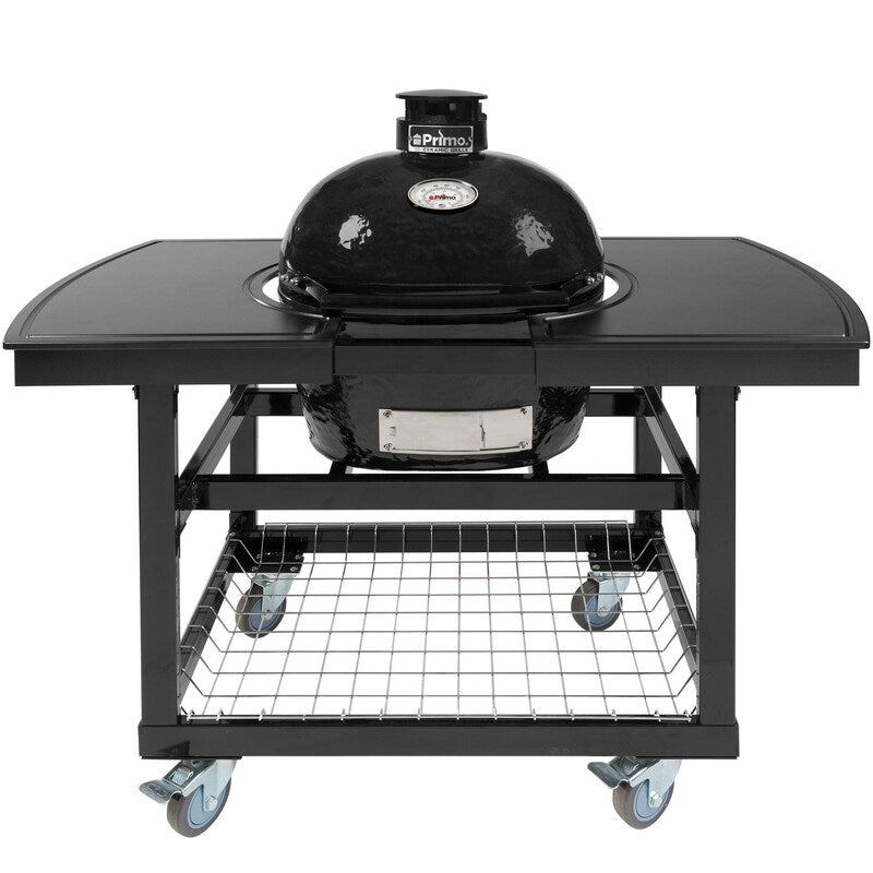 Primo Oval Junior 200 Ceramic Kamado Grill On Steel Cart With 2-Piece Island Side Shelves And Stainless Steel Grates - PGCJRH (2021)