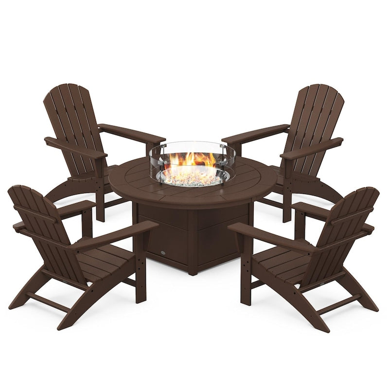 POLYWOOD Nautical 5-Piece Adirondack Chair Conversation Set w/ Fire Pit Table - Mahogany