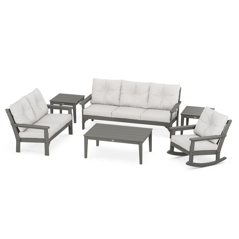 POLYWOOD Vineyard 6-Piece Deep Seating Set w/ Rocker - Slate Grey / Natural Linen