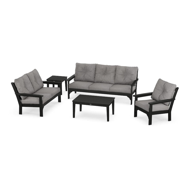 POLYWOOD Vineyard 5-Piece Deep Seating Set w/ Sofa - Black / Grey Mist