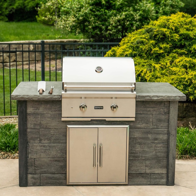 Coyote Ready-To-Assemble 5 Ft Outdoor Kitchen Island With 28-Inch C-Series Natural Gas Grill (Ships As Propane With Conversion Fittings) - Weathered Wood/Stone Gray - RTAC-G5-WG-C1C28NG