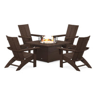 Thumbnail for POLYWOOD Modern 5-Piece Curveback Adirondack Conversation Set w/ Fire Pit Table - Mahogany