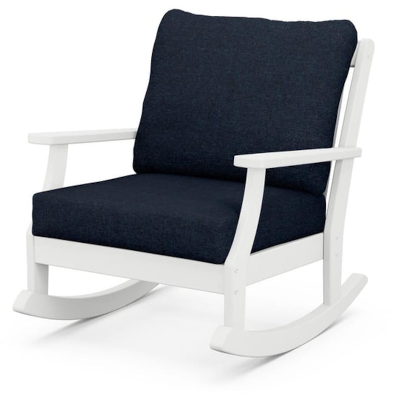 POLYWOOD Braxton Deep Seating Rocking Chair in White / Marine Indigo