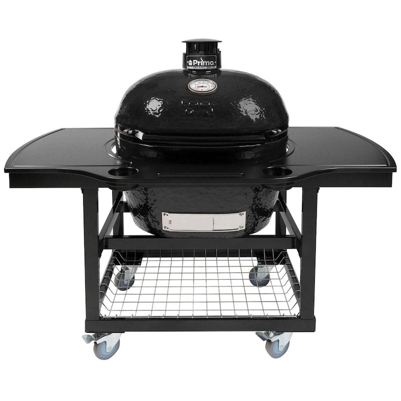 Primo Oval XL 400 Ceramic Kamado Grill On Steel Cart With 1-Piece Island Side Shelves, Cup Holders, And Stainless Steel Grates - PGCXLH (2021)