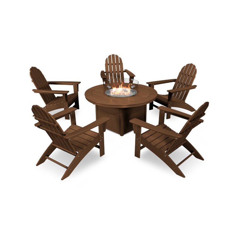 POLYWOOD Vineyard 6-Piece Adirondack Chat Set w/ Fire Pit Table - Teak