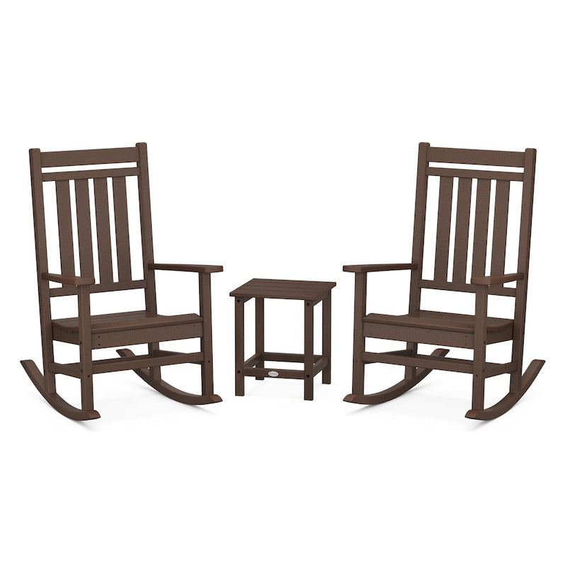 POLYWOOD Estate 3-Piece Rocking Chair Set w/ Long Island 18-Inch Side Table - Mahogany