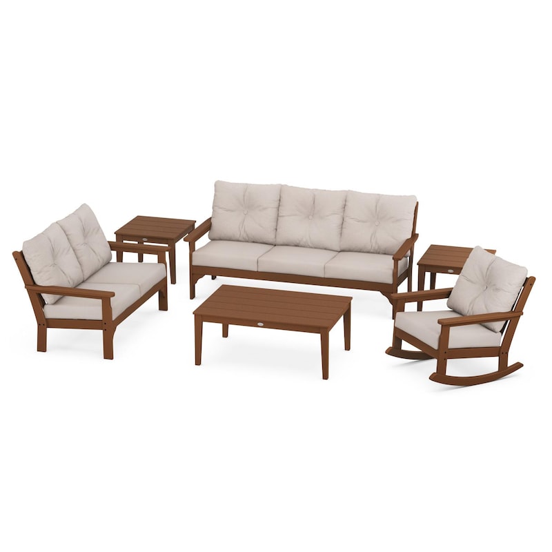 POLYWOOD Vineyard 6-Piece Deep Seating Set w/ Rocker - Teak / Dune Burlap