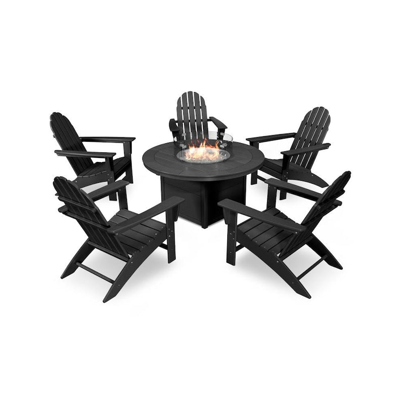 POLYWOOD Vineyard 6-Piece Adirondack Chat Set w/ Fire Pit Table - Black
