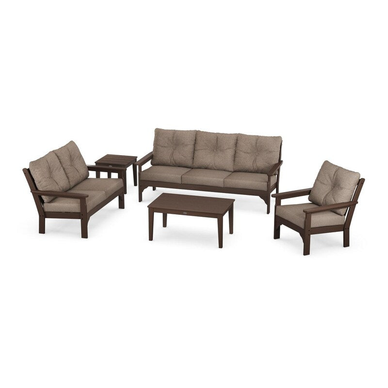 POLYWOOD Vineyard 5-Piece Deep Seating Set w/ Sofa - Mahogany / Spiced Burlap